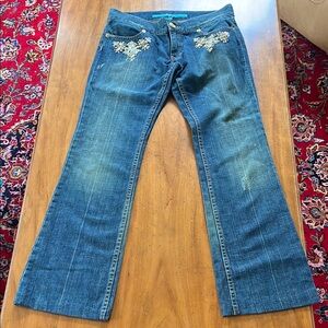 Escada Blue Flare Wide Leg Jeans with Chic Embroidery